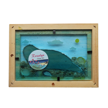 Load image into Gallery viewer, Framed glass art piece with a natural wood border featuring a label for Rosalyn Glass Art.