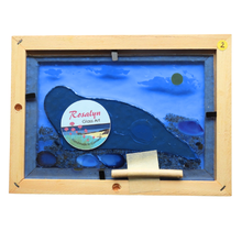 Load image into Gallery viewer, Glass art piece with blue design and wooden frame, featuring a Rosalyn Glass Art label.